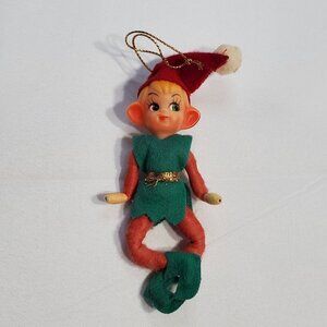 Vintage Pixie Elf Elves Christmas Ornament With Green Felt Outfit Red Hat 1950's